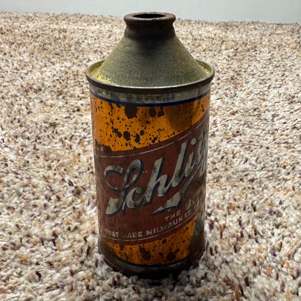 Vintage Schlitz Beer Cone Top Can 12oz Milwaukee Famous Globe Logo Metal Tin